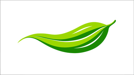 A stylized leaf design, featuring layered green hues, curved lines, and a white background