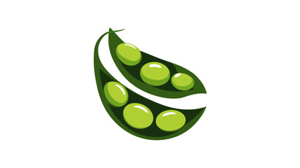Colorful illustrated image of a pea pod, filled with round, vibrant green peas, a food-themed design
