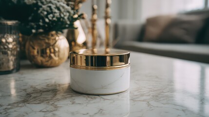 White jar with golden lid sits on marble table in living room with plants and blurred background displaying cozy setting during daytime