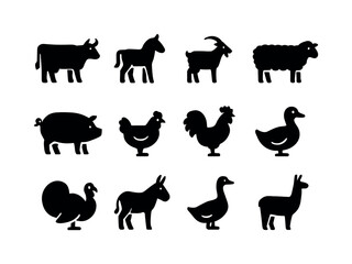 Fototapeta premium Farm Animal Icons. Farm animals. Solid icon set of farm animals: cow, horse, goat, sheep, pig, chicken, rooster, duck, turkey, donkey, goose, llama. Filled