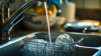 Water flows from a chrome faucet into a kitchen sink rack. Washing dishes close up.
