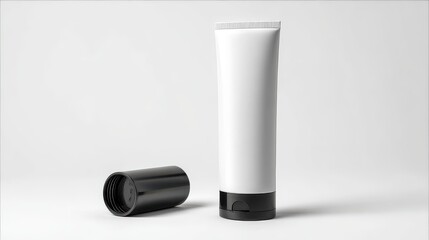 White tube with a black cap sits on a plain background next to its black cap, showcasing a simple and modern design for possible cosmetic or personal care use
