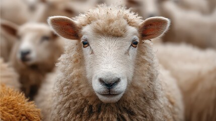 Close-up view of a sheep with a fluffy coat standing among other sheep in a farm setting during the day