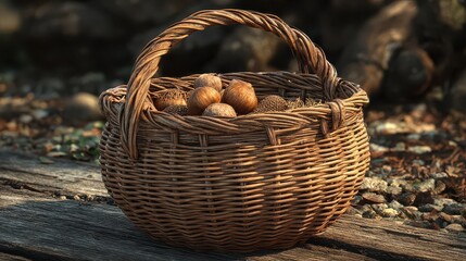 A woven basket filled with different nuts sits on a wooden surface surrounded by nature in soft light during the day