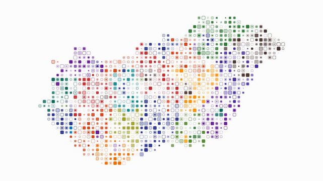 Hungary map animation. Shape of the country with pulsating colored dots. Small size rounded square blocks. Digital style Hungary map on white background. Classy video.