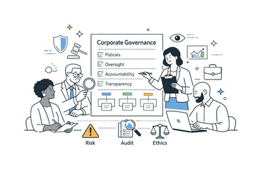 Board Reviewing Policies. Corporate governance framework. Board members reviewing policies and structure around a central document. Calm professional