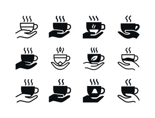 Latte Logo Variations. Latte in hand. Icon set. Set Logo of latte in hand: warm latte cup. harmonious logo variations of the same emblematic concept, each with