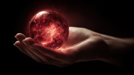 Hand holds glowing red sphere in dark setting with bright light illuminating details of the sphere and hand forming an intriguing focal point for viewers