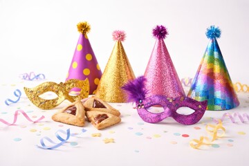 Colorful Party Hats and Festive Masks Arranged with Sweet Treats on a Playful Background Featuring Streamers and Confetti for a Celebratory Atmosphere