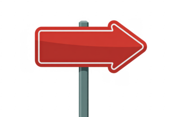 Red arrow sign on a gray pole isolated on a transparent background