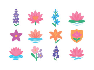 Fototapeta premium July Floral Icons. July birth flowers. Colorful flat vector icons set of July birth flowers: larkspur spike, water lily bloom, tall floral stalk, floating lily