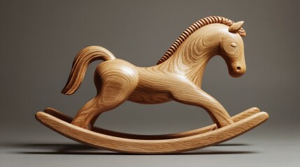 Wooden rocking horse stands on a smooth surface, showcasing craftsmanship in design and material during the day