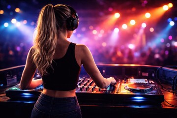 A Female DJ Creates an Electric Atmosphere with Pulsating Beats Under Colorful Lights at a Vibrant Music Event, Capturing the Essence of the Nightlife Experience