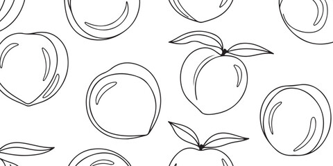 Seamless pattern of outline illustrations of fresh ripe peaches with leaves