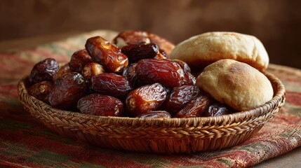 Obraz premium Close up of dates and bread in woven basket on table
