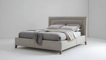 Elegant modern bed with gray blanket and pillows in minimalist room