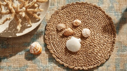 Collection of seashells on a woven tray beside coral on a textured fabric surface during daylight