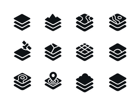 Geographic Icon Grid. Geographic layers. Solid icon set of geographic layers: map layer, elevation layer, terrain icon, contour lines, satellite view, vector