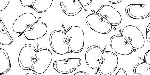 Seamless pattern of hand-drawn apple slices, simple line art illustration