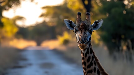 Obraz premium Giraffe head and neck portrait with distinctive spotted pattern against blurred savanna background during golden hour sunset lighting for wildlife photography.
