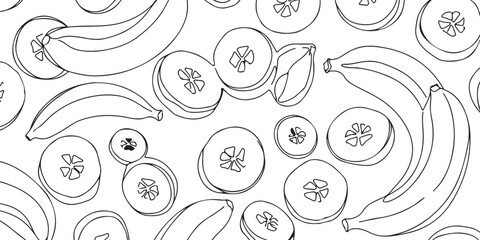 Seamless pattern of bananas and banana slices in a simple outline drawing style