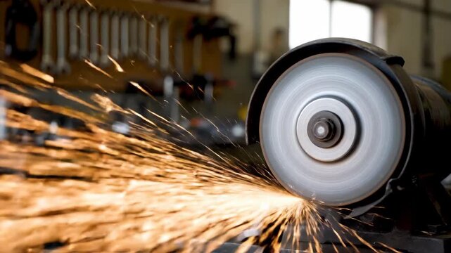 A grinding machine sparks brightly during operation in a workshop. The disc spins rapidly. A dazzling display occurs as metal is shaped