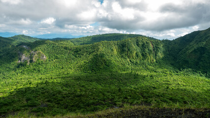 Naklejka premium Volcanic highlands. Lava fields and slag are quickly overgrown with vegetation. Spice Islands. Indonesia