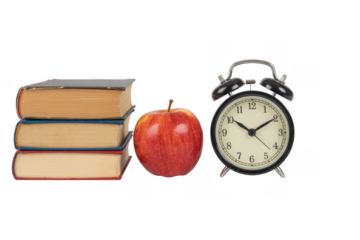 Books, apple, and alarm clock stack isolated on a transparent background