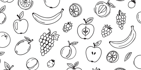 Seamless pattern of hand-drawn fruits on a white background, perfect for design