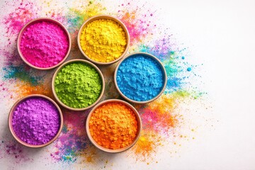 A Vibrant Display of Colorful Powder Pigments in Circular Bowls Surrounded by a Playful Explosion of Bright Colors and Artistic Creativity