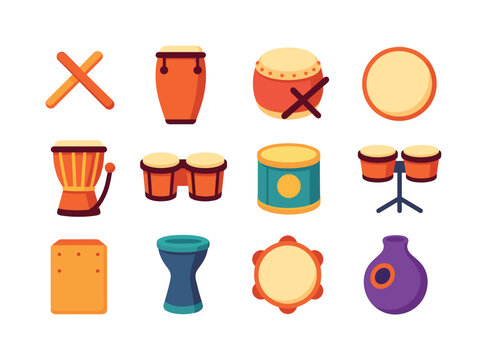 Cultural Drum Icons. Cultural rhythms. Colorful flat vector icons set of Cultural rhythms: clave sticks, conga drum, taiko drum, frame drum, talking drum,