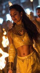 Graceful oriental dancer performing a fiery ritual dance at night surrounded by flames wearing golden costume and jewelry