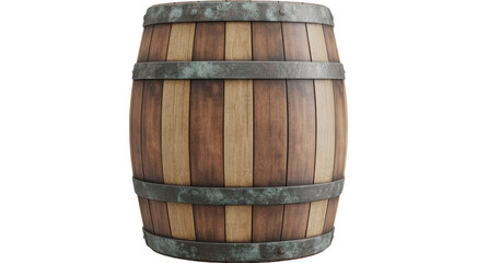 Obraz premium Wooden barrel with metal hoops brown rustic isolated on a transparent background