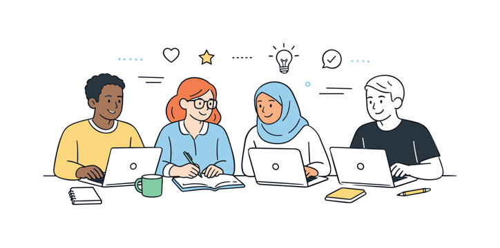 Inclusive Workspace Illustration. Equal opportunity office. Colleagues working side by side with laptops and notes, feeling valued and included. A sense of