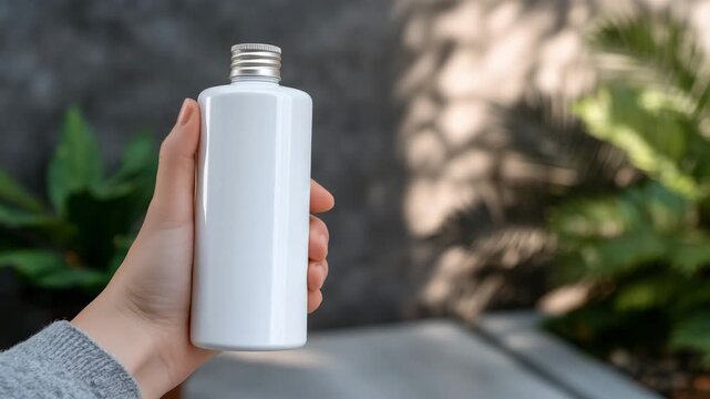Close-up of a single hand holding a blank eco-friendly bottle against a soft neutral background, subtle shadows creating depth, minimal background with copy space, clean compositio