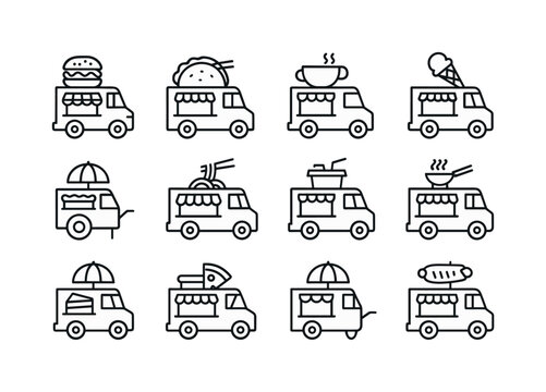 Street Food Icon Set. Street food. Line icon set of food truck items: burger truck, taco truck, coffee van, ice cream truck, hot dog cart, noodle van, juice