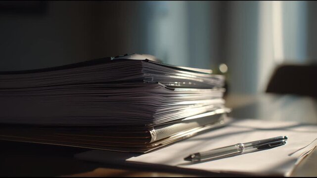 Stack of Documents with Pen on Desk.
