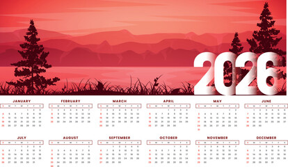 A modern and elegant 2026 calendar template featuring a beautiful, stylized mountain and forest landscape under a full moon at night, all rendered in cool blue and teal gradients. The year '2026' is p