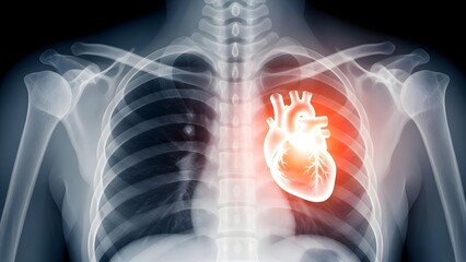 An illuminated X-ray image of the human chest highlights a brightly glowing heart, symbolizing cardiac health or disease