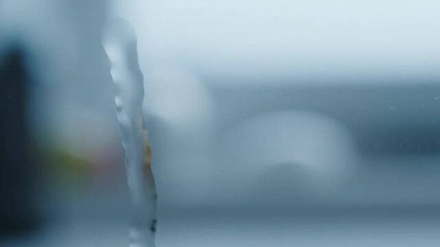 A close-up shot of water flowing downwards against a blurred backdrop, creating an abstract effect