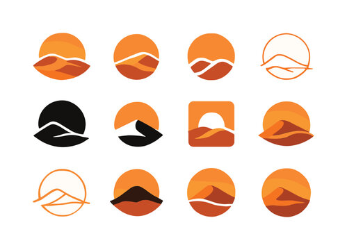 Sunset Icon Variations. Sunset. Icon set. Set Logo of sunset: desert sunset icon. harmonious logo variations of the same emblematic concept, each