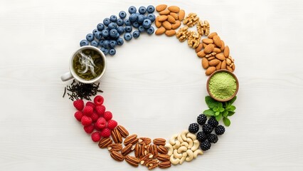 A colorful array of nutritious superfoods, including blueberries, various nuts, raspberries, and matcha, are arranged in a perfect circle on a white background
