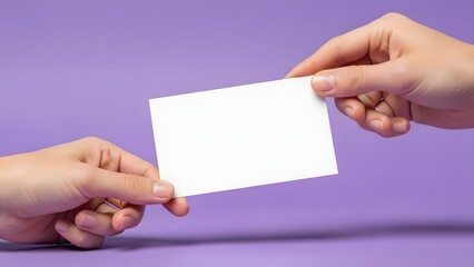 Two hands, one offering and one receiving, are exchanging a blank white card against a striking purple studio background