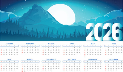  A modern and elegant 2026 calendar template featuring a beautiful, stylized mountain and forest landscape under a full moon at night, all rendewhite blue 2026 year calendar template in business style