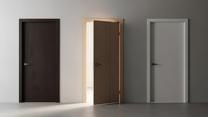 Three different interior doors are aligned in a row, with the middle light brown door slightly ajar and radiating warm light into the room