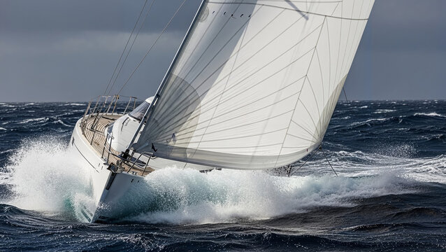 Sailing yacht in dynamic marine photography style, deep indigo and snow-white colors, demonstrating the power of the ocean and sailing skill for World Sea Day