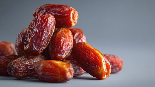 Close up of dates pile of fresh brown fruit on gray background