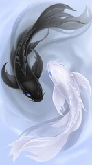 Elegant anime style illustration of black and white koi fish forming a yin yang symbol in flowing water with soft light
