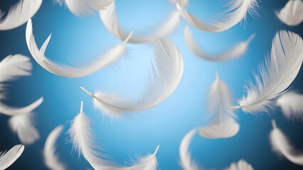 Numerous soft white feathers gracefully float and drift downwards against a serene, clear blue background, symbolizing lightness and purity