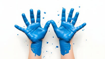 A child's hands are playfully covered in vibrant blue paint, fingers spread wide against a clean white background